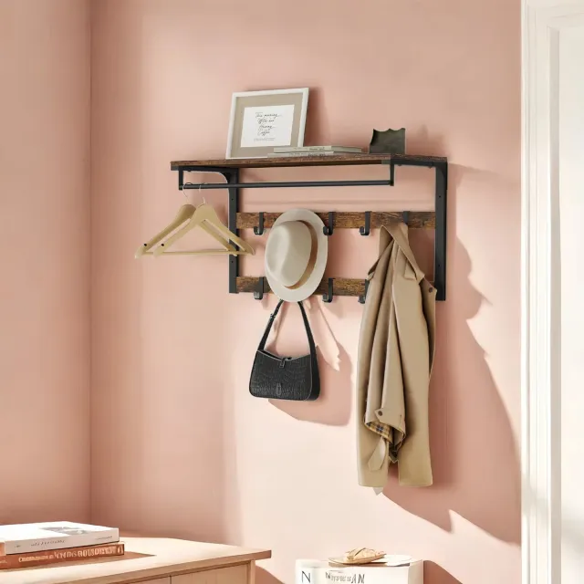 MAZAZU Kapstok met hoedenplank - Wandkapstok 10 haken - Industrieel - Vintage bruin - 80x30x42 cm