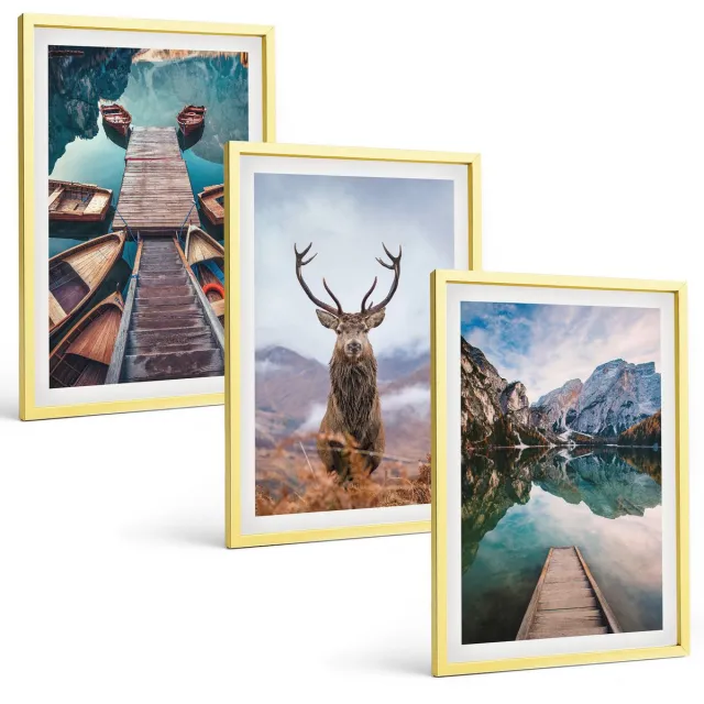 TULUP 4-Delige Schilderij Set - Meer met boten, herten en berglandschap - 40 x 60 cm - Schilderijen Set - Wanddecoratie - Woonkamer - Muurdecoratie Gouden lijst