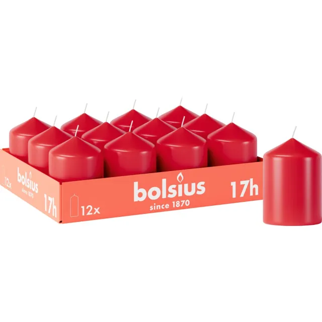 Bolsius Gladde Stompkaarsen - 12 stuks - Rood - 17 branduren - 8 x 5,8 cm