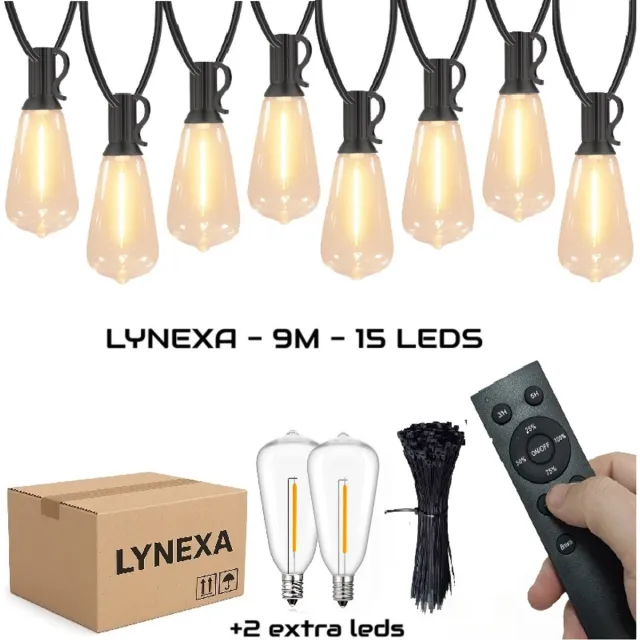 LYNEXA ST38 - Lichtsnoer Buiten - 9m - 15 LED Warm Wit 2700K - Kerstverlichting voor Buiten - IP44 Waterdicht - Energiezuinig - Koppelbaar - Dimbaar met Afstandsbediening - Sfeervolle Winter Prikkabel - Tuinverlichting - 2 Extra Lampjes