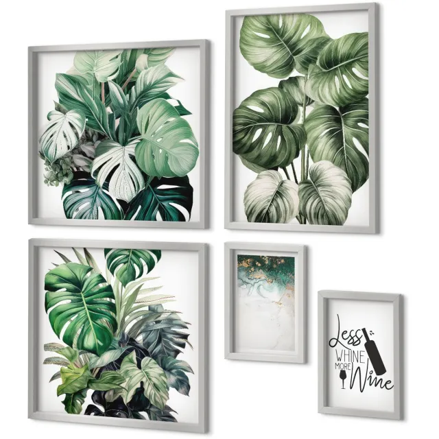 Coloray 5-Delige Schilderij Set - Groene Plantenbladeren Met Het Opschrift "Wijn". - 20 x 30 cm - Decoratieve Schilderijen - Woonkamer - Interieur Zilveren lijst