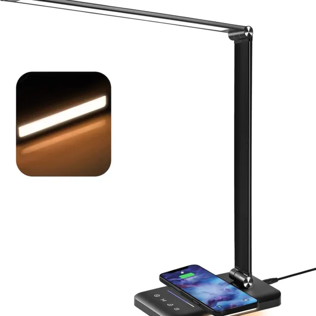 Ayangoods Draadloze Oplaadbare Bureaulamp - Dimbaar met Helderheidsregeling - Modern Design - 360 Graden Verstelbaar - Draadloze Oplaadfunctie - Geschikt voor Monitors - Verlichting voor Werk en Studie Zwart