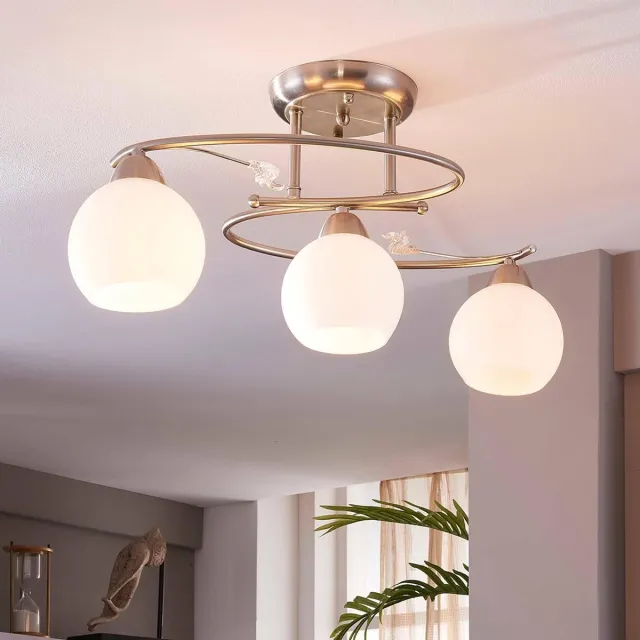 Lindby plafondlamp - 3lichts - Glas, metaal - H: 25.5 cm - E14 - wit, nikkel mat