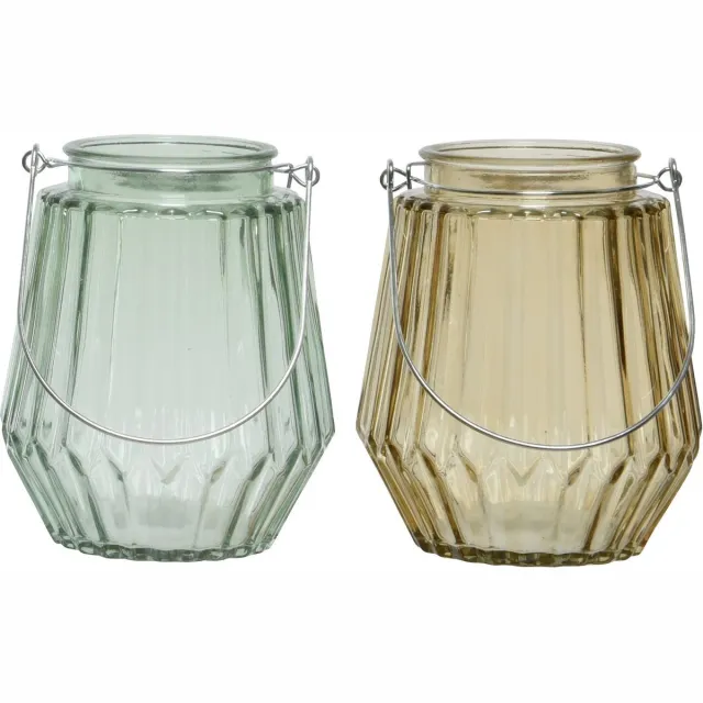 Decoris Set van 2x stuks theelichthouders/waxinelichthouders streep glas taupe en mistgroen met metalen handvat 11 x 13 cm Multi