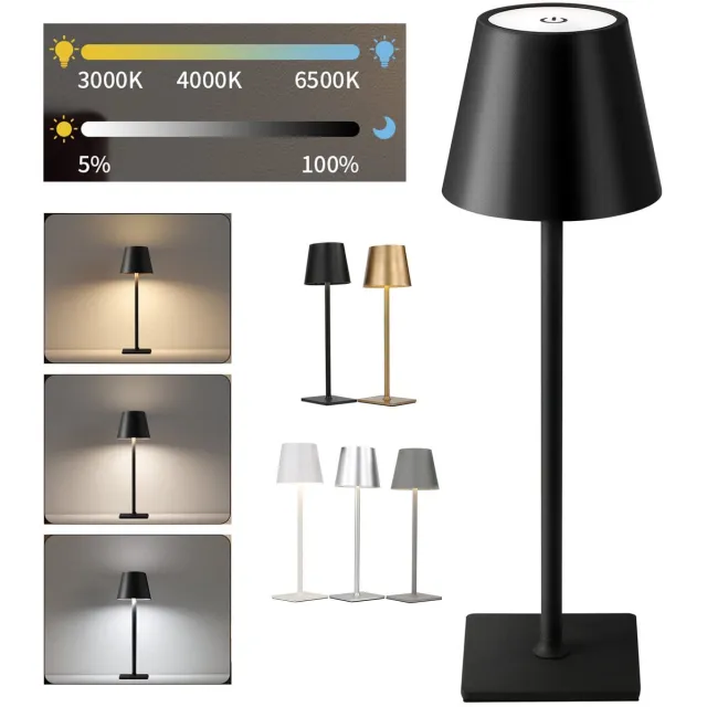 Zyronn Draadloze tafellamp, draagbare LED-bureaulamp, op batterijen, 3 kleuren traploos dimmend, voor restaurant/slaapkamer/bar/buitenfeest/camping/koffiebar Sfeervol nachtlampje - 38x10cm, zwart