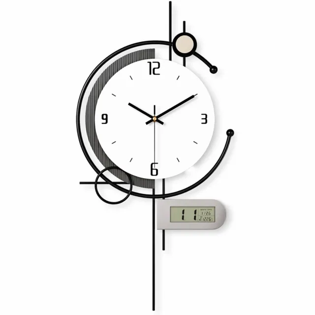 LUXALIVING Wandklok Modern Zwart met Display 35 cm – Stil Uurwerk – Digitale Klok met Temperatuur & Datum – Industriële Design Wandklok Woonkamer Wit