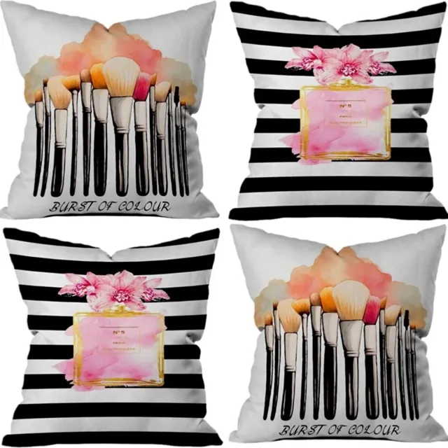 stellahomes Sierkussens set van 4 stuks - INCLUSIEF BINNENKUSSENS 45x45 cm - roze - zwart - wit - dubbelzijdig bedrukt - kussensloop - kussens woonkamer - kussenhoes
