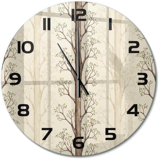 TULUP Wandklok - Bomen Decoratieve Glazen Klok - fi60 cm - Bruin Glazen Wandklok Design - Zwarte handen - Ronde Klok - Glazen Klok Met Print - Wandklok Glas Met Motief