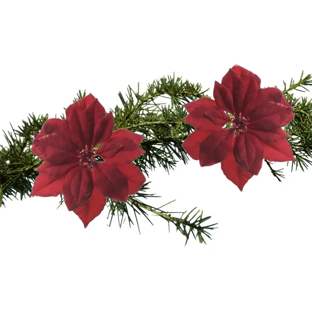 Decoris Kerstboom bloemen op clip - 2x stuks - rood glitter - kunststof - 24 cm