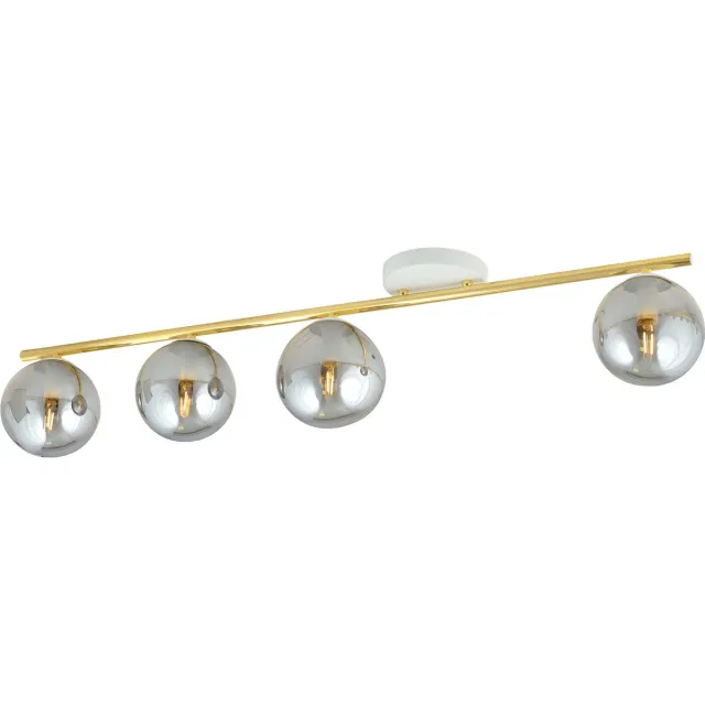 Emibig Lange 4x E14 wit en messing plafondlamp met gerookte glazen bollen - Perfect voor een sfeervolle ambiance in uw interieur Wit, Goud