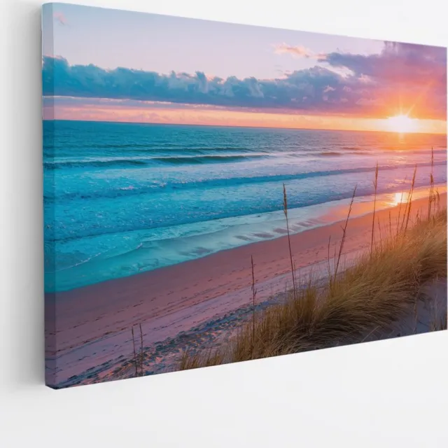 Saammp Canvas Schilderij - Zonsondergang - Strand - Zee en Duinen - 40x30 - Foto op canvas - Wanddecoratie - muurdecoratie Woonkamer - Slaapkamer decoratie - Canvas Print multicolor