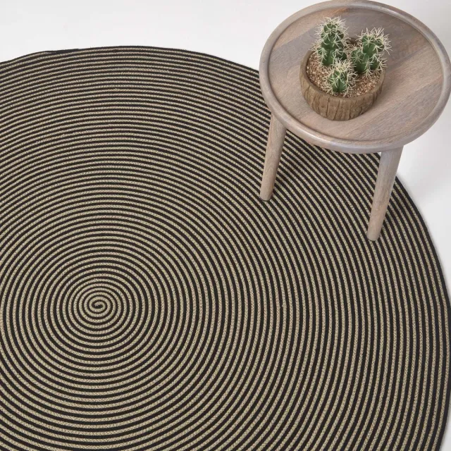 Homescapes Gevlochten Rond Vloerkleed Linnen Zwart met Spiraalpatroon, 200 cm Linnen en Zwart