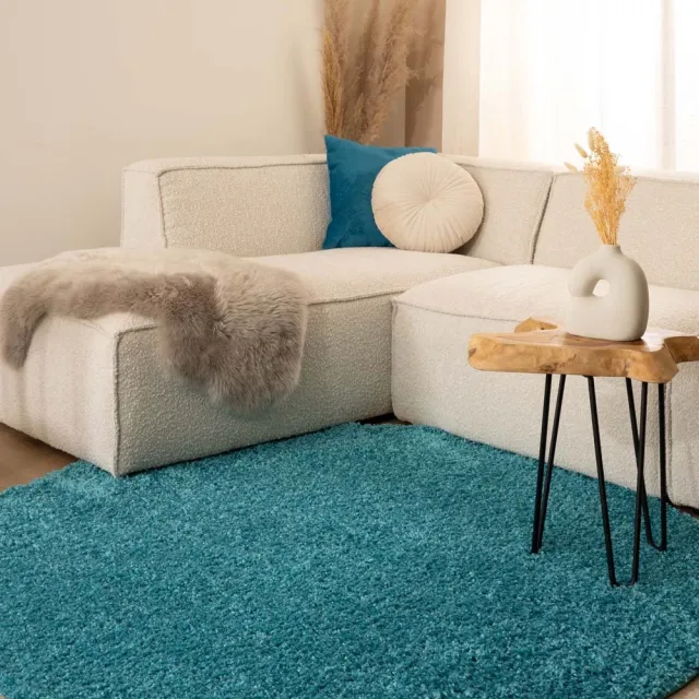 Tapeso Rond hoogpolig vloerkleed - Shaggy Trend turquoise 80