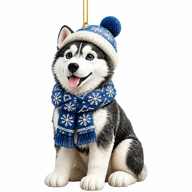 SWGOTA Husky adventskalender met 24 platte acryl kerstboomhangers, gouden ophangkoordjes en genummerde geschenkdoos Zwart