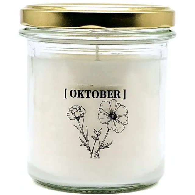 Candlelight-on geurkaars met geboortebloem en geboortedatum - 6 oktober - o.b.v. sojawas en etherische oliën Wit