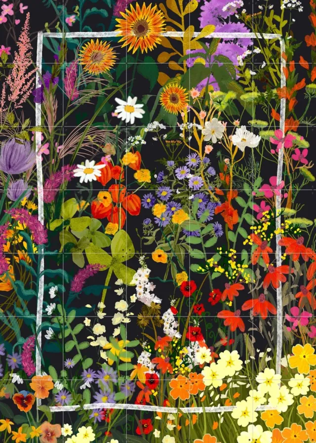 IXXI Bloemenzee, Esther Sepers - 100 x 140 cm - Grote wanddecoratie en posters - Illustraties, Naturalisme, Kleurrijk, Speels, Fantasierijk, Keuken Zwart