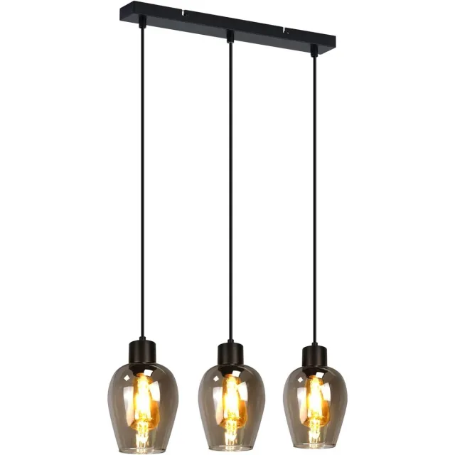 Glitzerlife Hanglampen - Retro-stijl - 3xE27 - Rookgrijs glaskap - Mat zwart metaal - PVC-kabel - Hoogte verstelbaar - Ø20cm - Ingebouwd trekkoord - Eetkamer Woonkamer Keuken