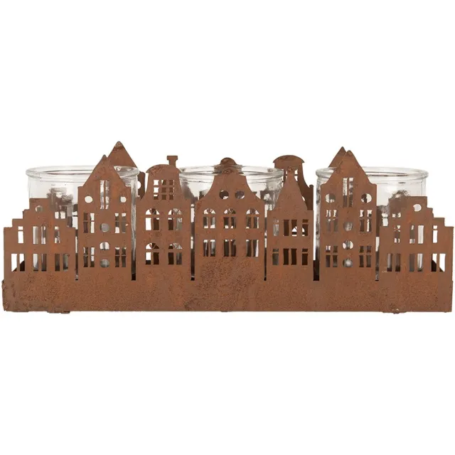 Clayre & Eef Waxinelichthouder 30x9x11 cm Bruin Metaal Huizen