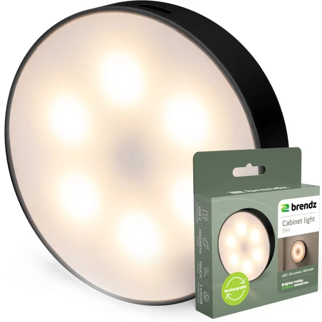 Brendz LED ronde Kastverlichting, Touch bediening, USB-C Oplaadbaar, Dimbaar, Magnetisch, 3 Kleurtemperaturen, Trapverlichting draadloos, Nachtlampje, zwart