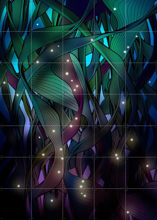 IXXI Nocturne with Fireflies, Angelo Cerantola - 100 x 140 cm - Grote wanddecoratie en posters - Illustraties, Digitale Kunst, Abstract, Slaapkamer Donkere tinten / Blauw