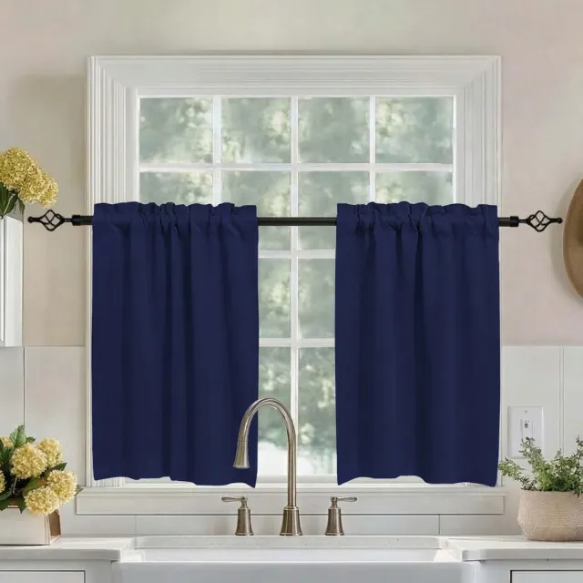MUPOO Wafelstructuur Verduisterende Valletjes Gordijnen Kant en Klaar Set van 2 - Blackout & Privacy- Roede Pocket - blackout gordijnen Voor Keuken, Kleine Ramen, Badkamer & Slaapkamer- Marineblauw - 85x76 cm