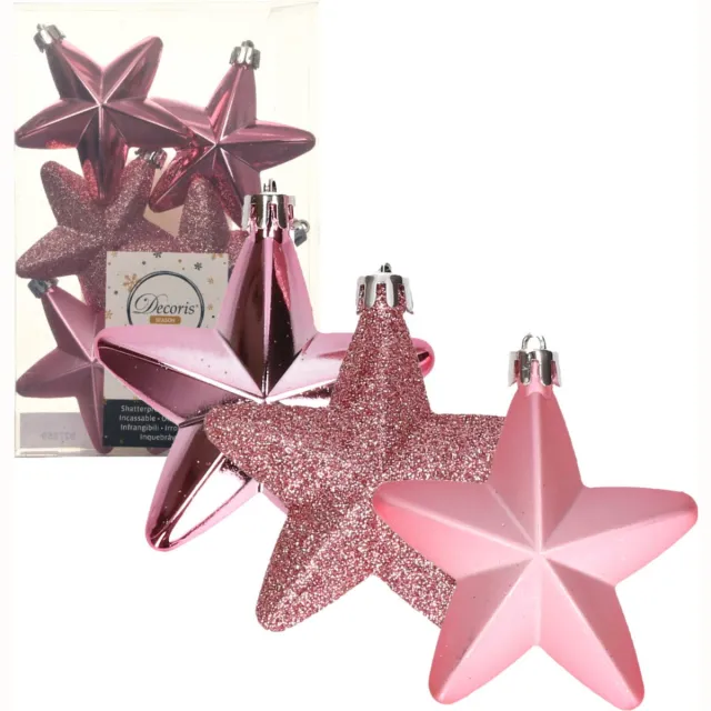 Decoris kersthanger sterren - 6x st - lippenstift roze - 7 cm - kunststof - kerstornamenten