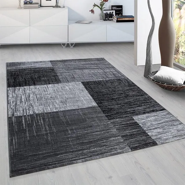 Plus Laagpolig vloerkleed met abstract ruitpatroon, zwart, geschikt voor de woonkamer, met een jute achterkant, afmetingen: 80 x 300 cm
