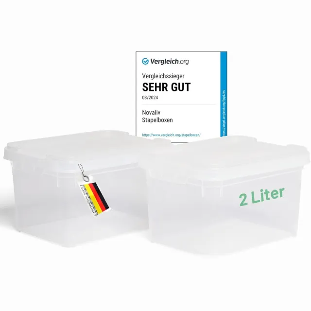 Novaliv 2x opbergdozen met deksel klein 2 L transparant nestbaar stapelbaar kunststof dozen met clipsluiting kunststof BPA-vrij 19 x 14 x 11 cm