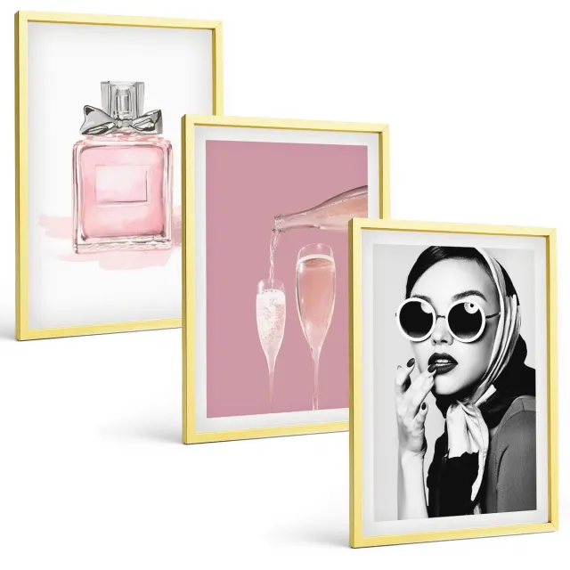 TULUP 4-Delige Schilderij Set - Stijlvolle vrouwelijke accessoires in roze tinten - 40 x 60 cm - Moderne Wanddecoratie - Slaapkamer - Woonkamer Decoratie Gouden lijst