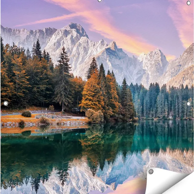 Gards Tuinposter Meer met Weerspiegeling van de Bergen - 80x80 cm - Tuindoek - Tuindecoratie - Wanddecoratie buiten - Tuinschilderij Multikleur