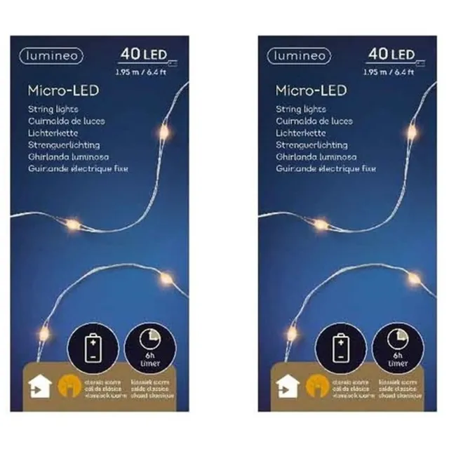 Lumineo draadverlichting lichtsnoer - 6x - zilver - 40 led lampjes - warm wit - 195 cm - timer - kerstverlichting - op batterijen - zilverdraad