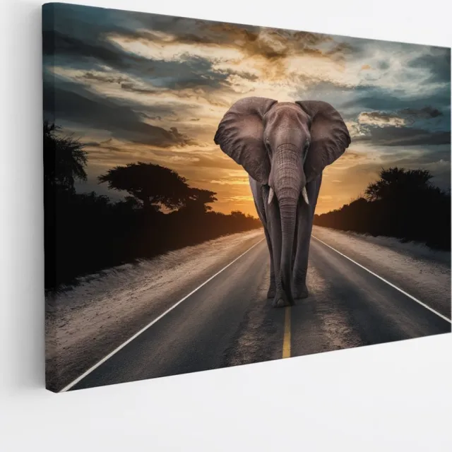 Saammp Canvas Schilderij - olifant op de weg - Afrika - Dieren - 30x20 - Foto op canvas - Wanddecoratie - muurdecoratie Woonkamer - Slaapkamer decoratie - Canvas Print Multicolor