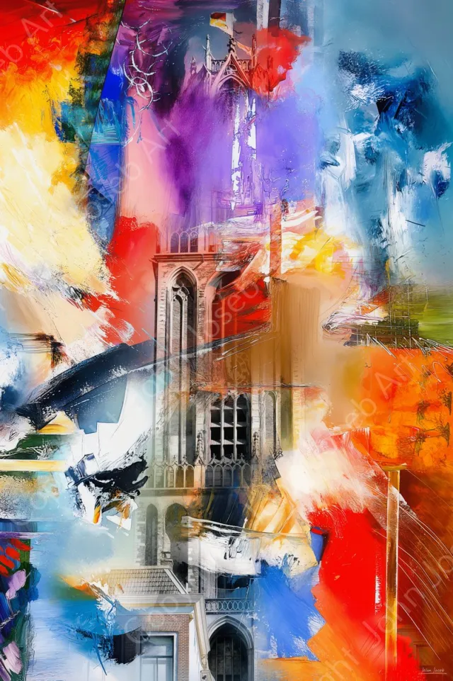 John Joseb Art (Glas) 60x40 | Utrecht, de Domtoren, abstract in olieverf look | Abstract, de Dom , gebouw, stad, rood, blauw, geel, paars | Foto-schilderij-glasschilderij-acrylglas-acrylaat-wanddecoratie | KIES JE MAAT Acrylglas, dikte 5 mm