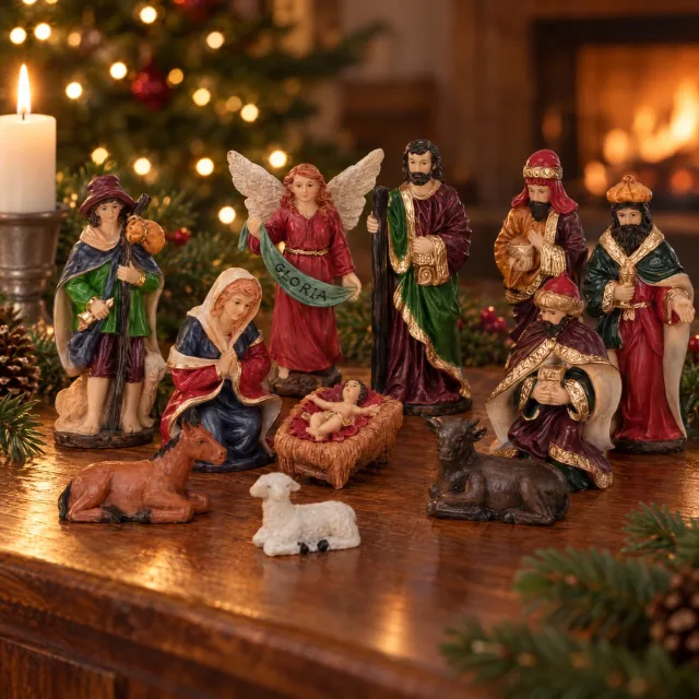 Cheqo Kerststal Figuren Set van 11 - 9,5 cm Hoog - Kerstgroep - Handgeschilderde Kerstbeeldjes - Kerstfiguren - Beeldjes voor Kerstkribbe - Maria Jozef en Kindje Jezus - Drie Koningen en Herder - Os en Ezel - Kerstscène - Kerstdecoratie Donkerblauw