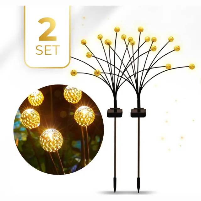 KENN Solar Tuinverlichting – Set van 2 – Vuurvliegjes – 12+ Branduren – 100% Waterdicht – Tuinverlichting op Zonne-energie – Buitenlampen Solar – Tuinlampen – Sfeerverlichting Tuin – Goud – Met Grondspiezen - LED Buitenverlichting - Padverlichting