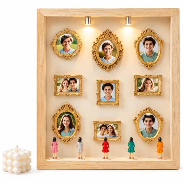SWGOTA Holle MDF-displaylijst in naturel, binnenmaat 15 x 20 cm, voor op tafel, met 2 lampjes