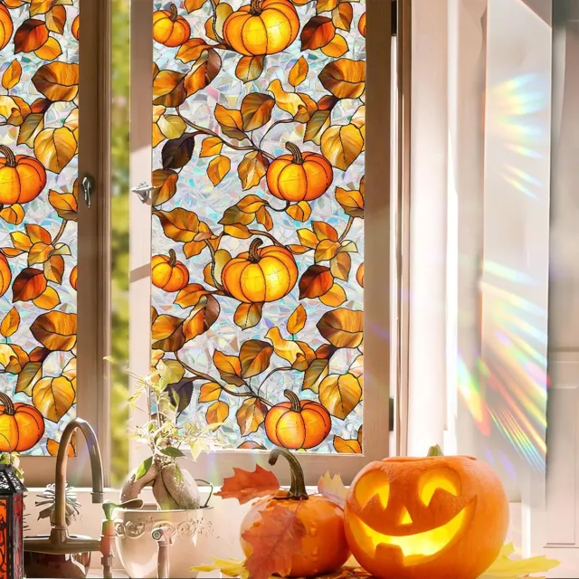 Daity 1 stuks - Raamstickers - glas-in-lood raamfolie - Halloween raamstickers - geschikt voor binnen- en buitendecoraties voor Thanksgiving - herfst - thuiskantoor 100X43cm (multicolor) oranje