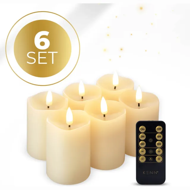 KENN LED Kaarsen op Batterijen – Echte Wax – Set van 6 – Ivoor – Tot 300 Branduren – Met Afstandsbediening & Timer – Inclusief Batterijen – Mini Stompkaarsen – Realistisch flikkerende 3D Vlam – Kaarsen op Batterijen – Nep Kaarsen – Horeca Ivoor (Inclusief batterijen)