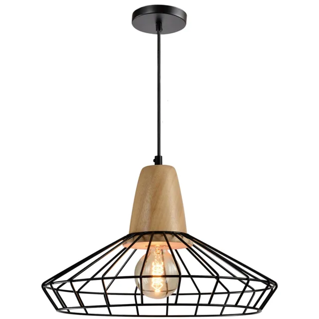 QUVIO Hanglamp modern - Rond frame metaaldraad met hout - Diameter 39,5 cm Zwart