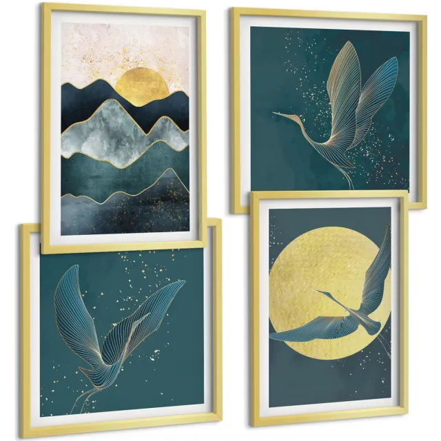 TULUP 4-Delige Schilderij Set - Vogels, kraanvogels in vlucht, maan, sterren en berglandschap - 40 x 40 cm en 40 x 60 cm - Muurdecoratie - Wanddecoratie - Hal - Decoratieve Schilderijen Gouden lijst