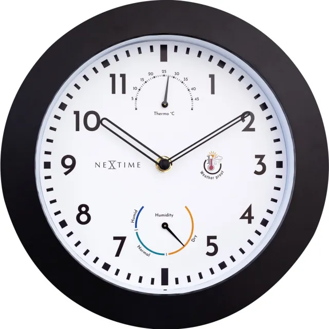 NeXtime Daisy – Weerstation Wandklok – 25.5 cm – Metaal – Zwart/Wit – Weerbestendig