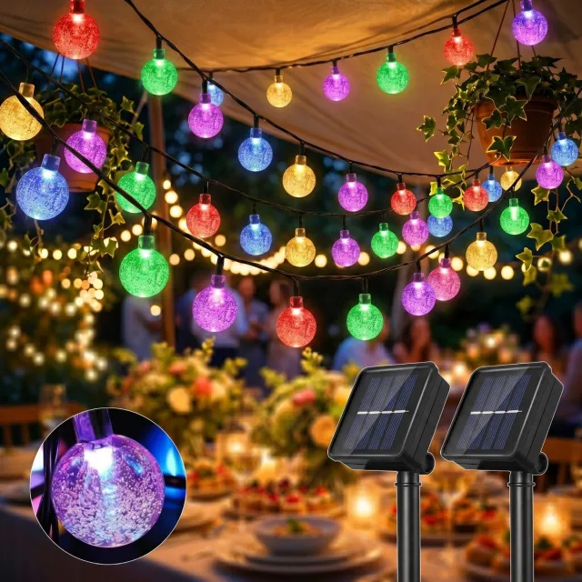Rosnek 2 Stuks Solar Lichtsnoer Buiten - Lichtslinger met 20 LED Kristallen Bollen - 5 Meter - 2 Standen met Geheugenfunctie - Tuinverlichting op Zonne-energie - IP44 Waterdicht - Meerkleurig