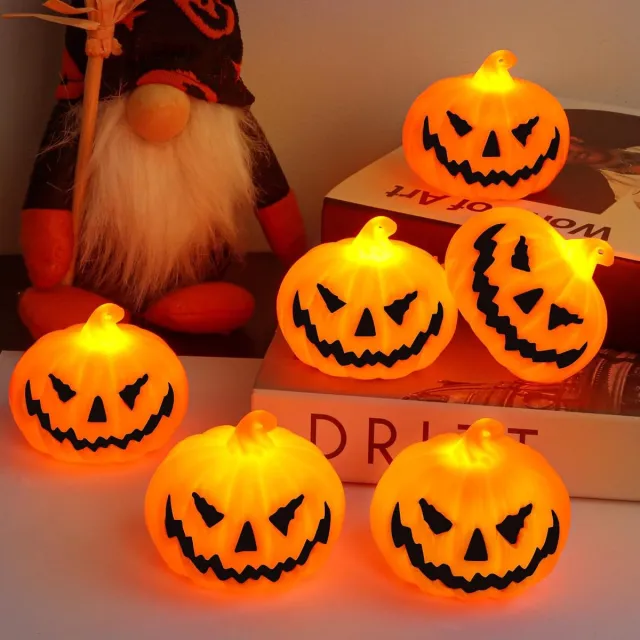 KZQ 4 Stuks Halloween-pompoen LED-theelichtje zonder vlam – Mini-pompoenlampje – Werkt op batterijen – Halloween decoratie - Halloween cadeau Oranje