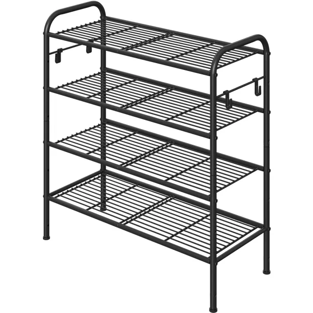 Songmics Schoenenrek - Schoenenrek met 4 Lagen - Met 4 Zijhaken - Verstelbare Planken - Voor Hal of Garderobe Diepzwart