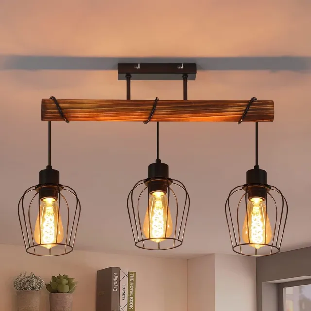 Glitzerlife Vintage Industriële Plafondlamp - Hout en Zwart Metaal - 3-lichts E27 Fitting - Zonder Lichtbron - Geschikt voor Woonkamer Keuken Eetkamer Restaurant