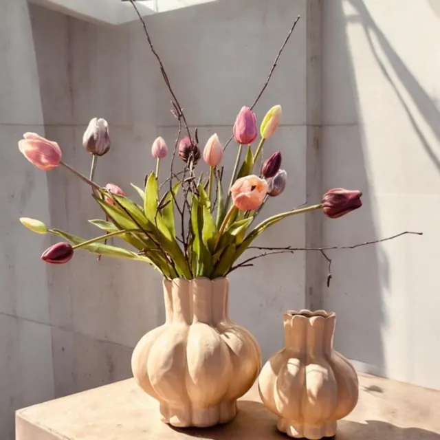 Seta Fiori Kunst tulpen - kunstbloemen - compleet in vaas - Mauve en roze zand creme, Mauve, roze