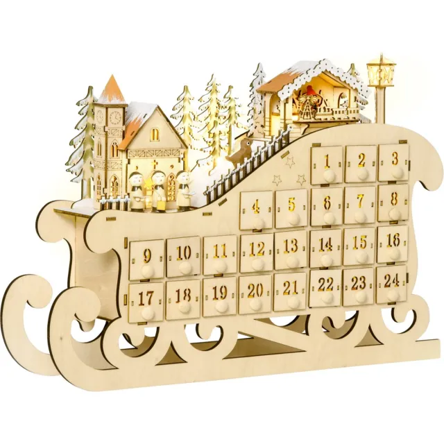 ChristmasGoodz Adventskalender - Advent - Adventkalender - Adventkalender volwassenen - Hout - LED verlichting - 45 x 10 x 31 cm Houtkleur