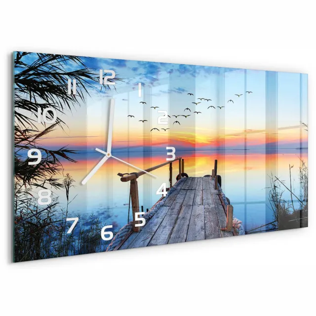TULUP Wandklok - Houten brug Wandklok Glas Met Motief - 60x30 cm - Oranje Decoratieve Glazen Klok - Witte handen - Rechthoekige Klok - Gekleurde Glazen Klok - Glazen Klok Met Print