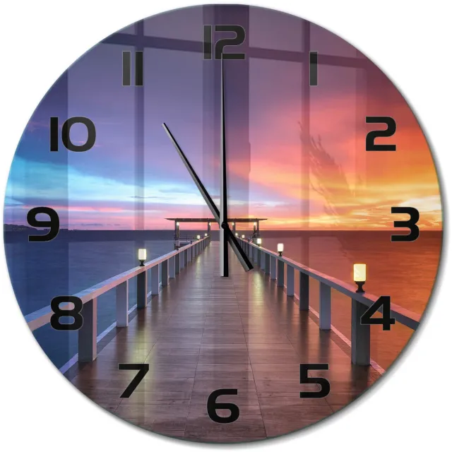 TULUP Wandklok - Houten brug Moderne Wandklok Glas - fi60 cm - Oranje Wandklok Glas Decoratie - Zwarte handen - Ronde Klok - Glazen Wandklok Design - Klok Glas Met Opdruk
