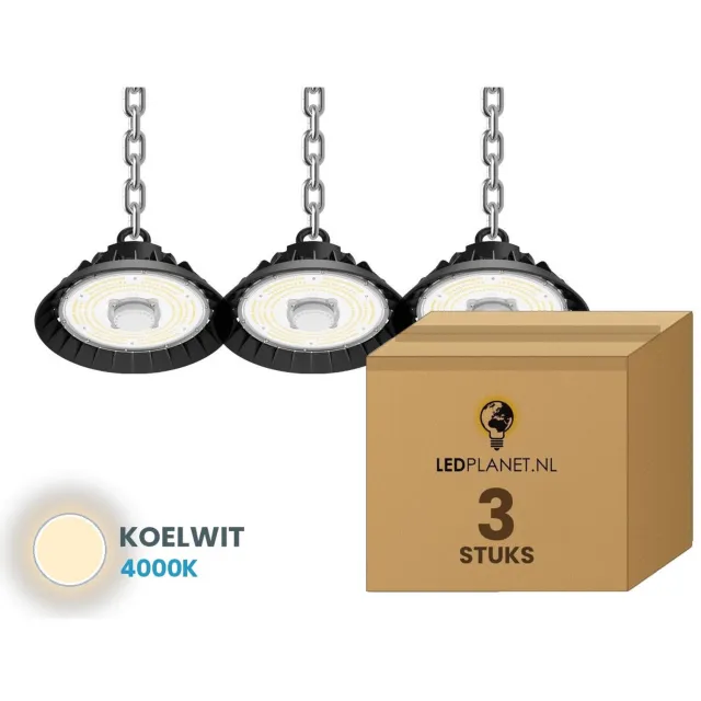 Tsong UFO Lamp - LED High Bay 100W - 15.000 lm - Koelwit 4000K - 3 stuks - Bewegingssensor - 0-10V Dimbaar - IP65 - Hal, Werkplaats- & Garageverlichting - 5 jaar garantie
